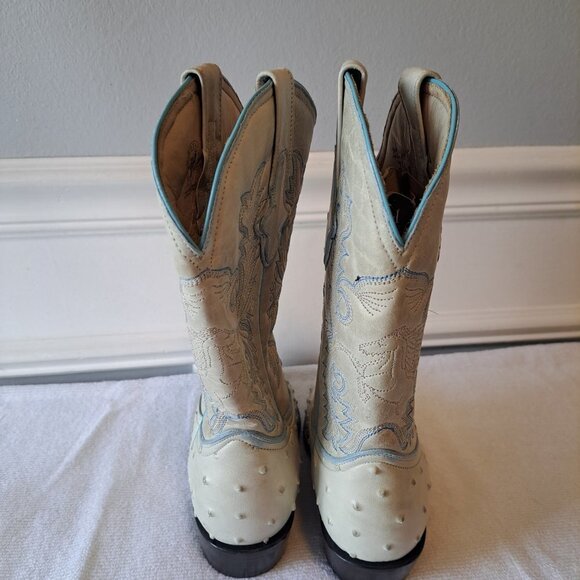 Mens Ostrich Imitation Western Rodeo Leather Boots white and‎ Blue Size 3.5 - Picture 6 of 16